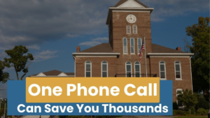 County courthouse building with text about calling the county before buying land